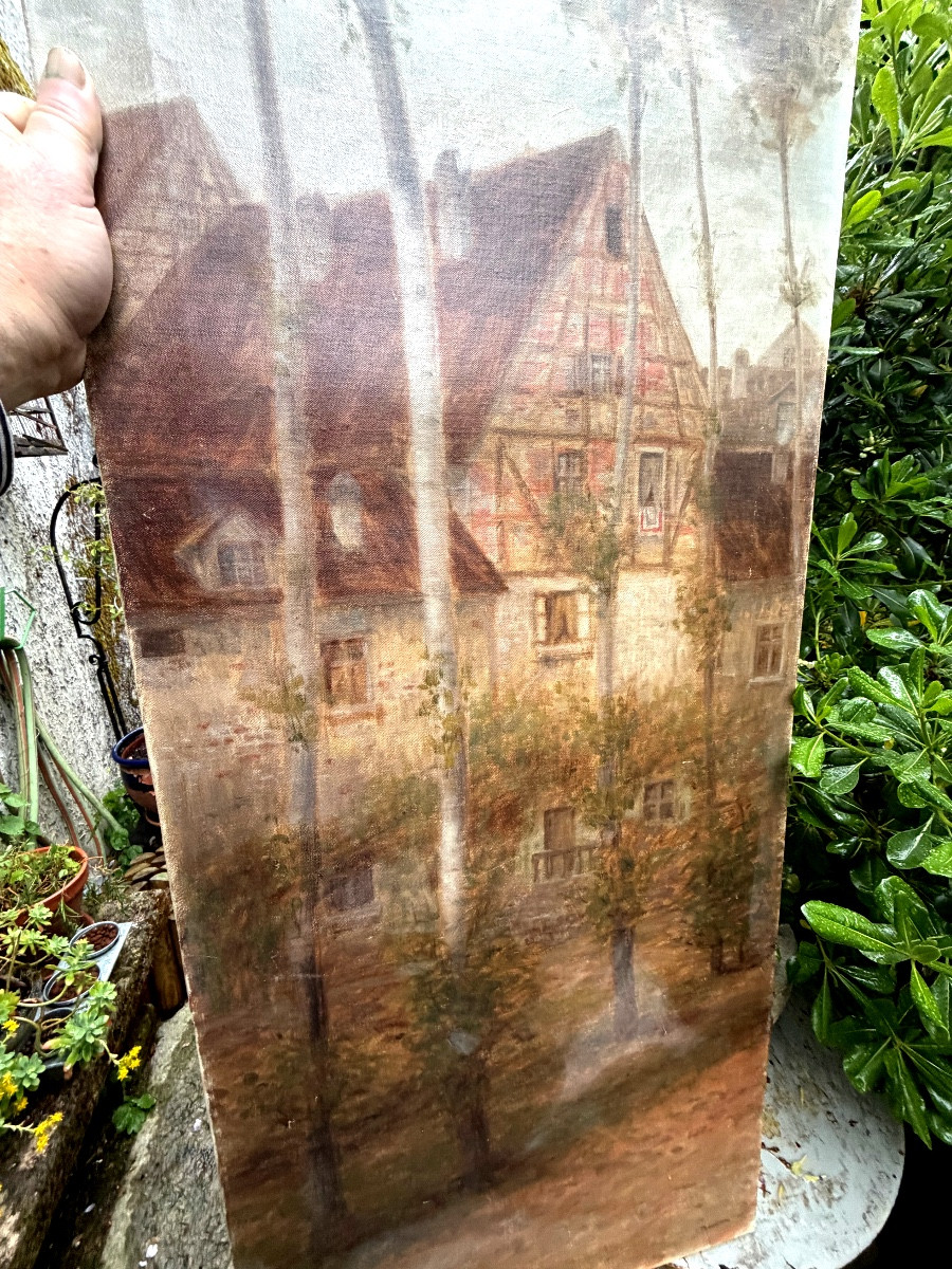 Grand panneau décoratif Ecole de Barbizon H/ toile châssis de I.Théodore hameau et bouleaux-photo-1