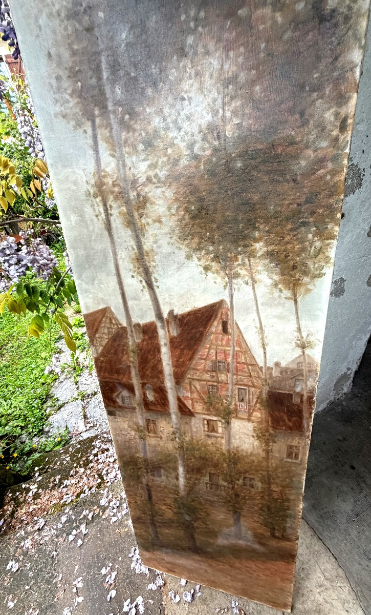 Grand panneau décoratif Ecole de Barbizon H/ toile châssis de I.Théodore hameau et bouleaux-photo-5