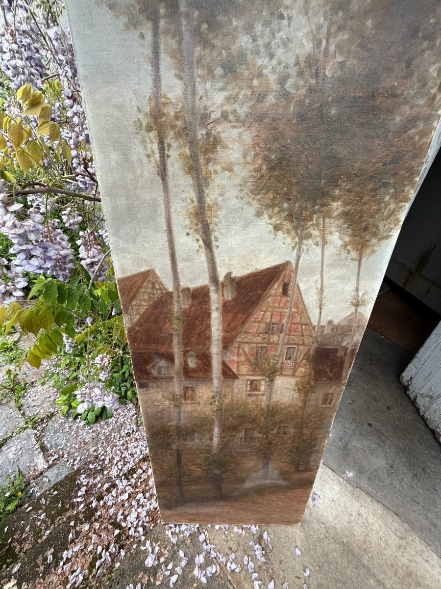 Grand panneau décoratif Ecole de Barbizon H/ toile châssis de I.Théodore hameau et bouleaux-photo-7