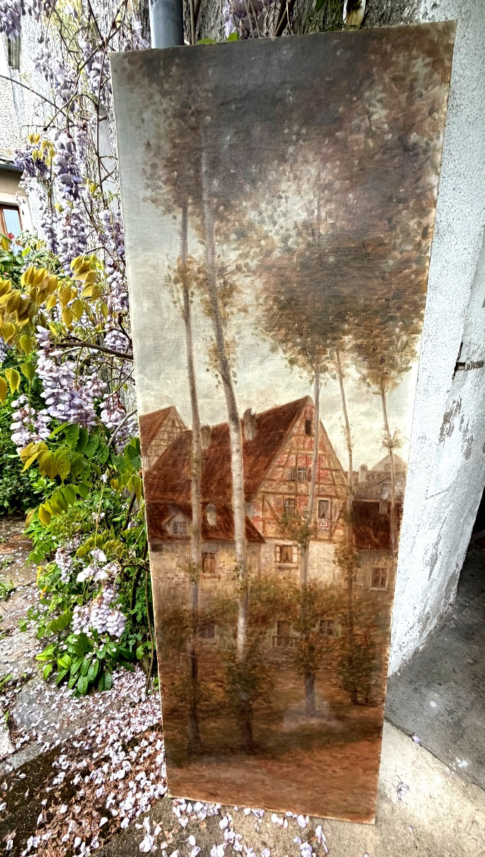 Grand panneau décoratif Ecole de Barbizon H/ toile châssis de I.Théodore hameau et bouleaux
