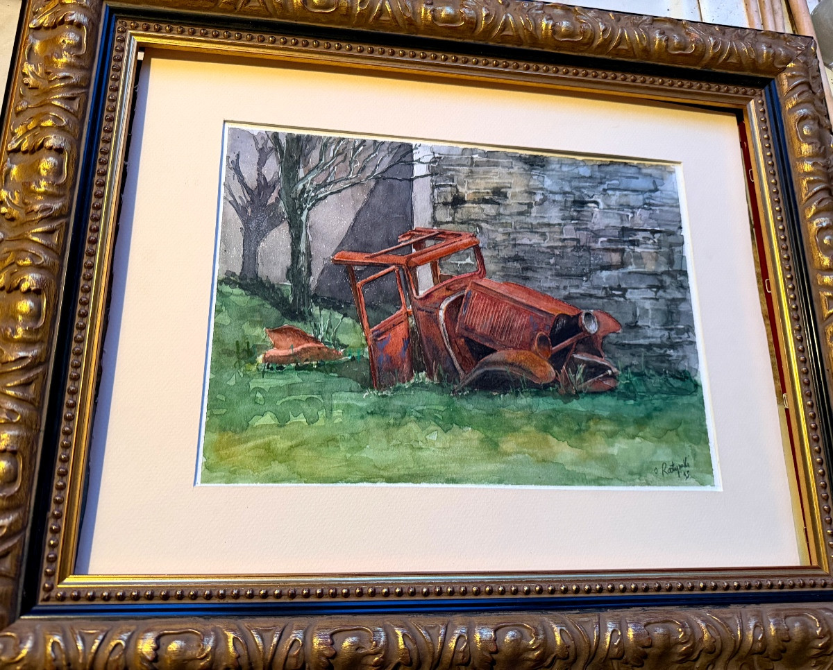 Originale belle Aquarelle  encadrée de O Ratyrolle des années "9O" : le vieux taco  abandonné -photo-3