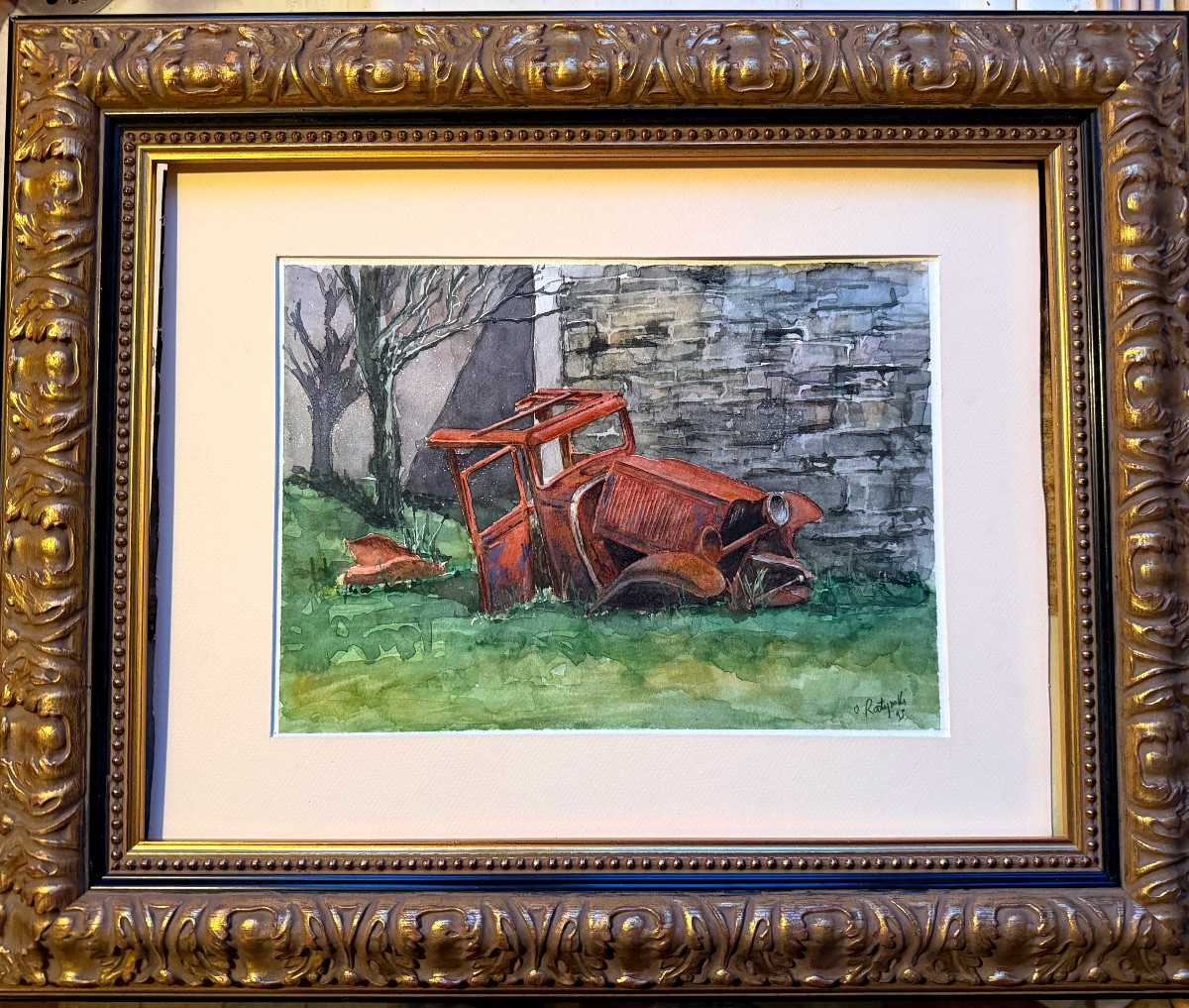 Originale belle Aquarelle  encadrée de O Ratyrolle des années "9O" : le vieux taco  abandonné -photo-1