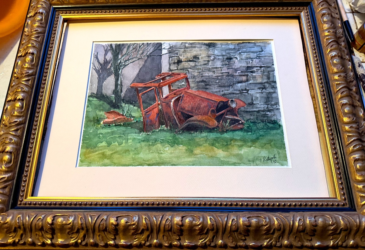 Originale belle Aquarelle  encadrée de O Ratyrolle des années "9O" : le vieux taco  abandonné -photo-2