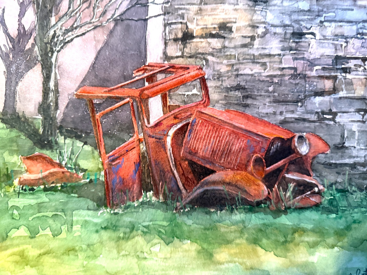 Originale belle Aquarelle  encadrée de O Ratyrolle des années "9O" : le vieux taco  abandonné -photo-3
