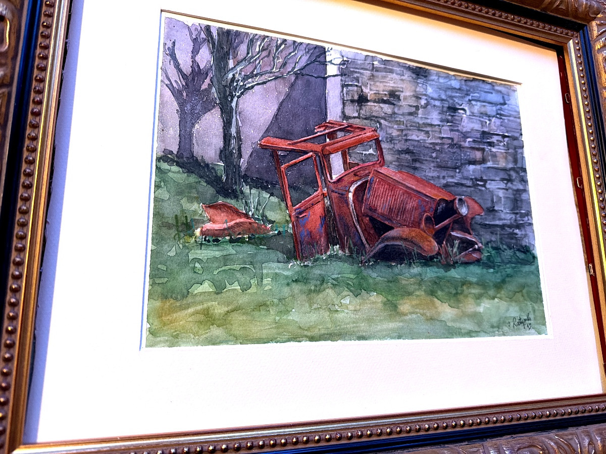 Originale belle Aquarelle  encadrée de O Ratyrolle des années "9O" : le vieux taco  abandonné -photo-5