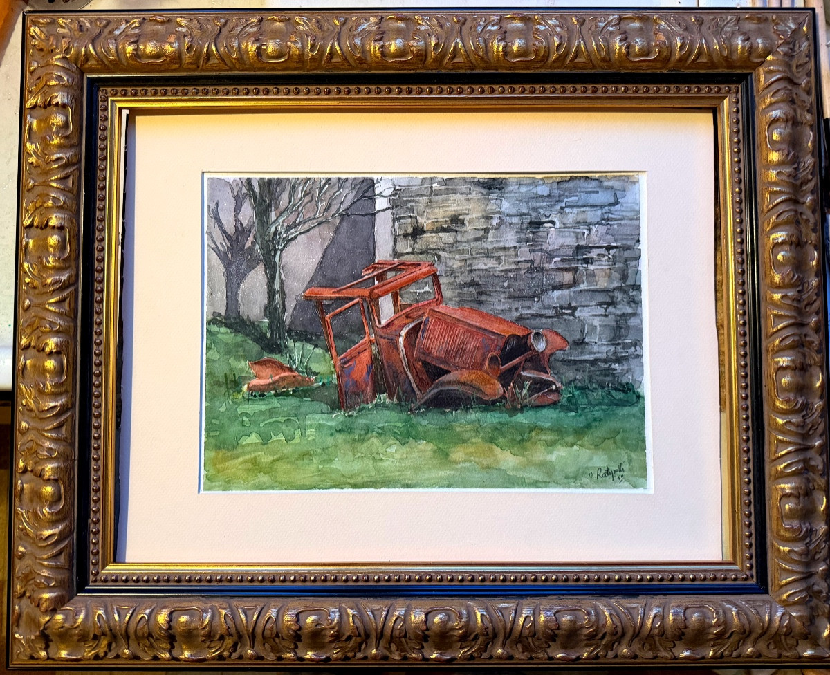 Originale belle Aquarelle  encadrée de O Ratyrolle des années "9O" : le vieux taco  abandonné 