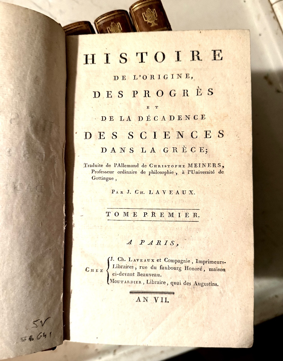 Fine Copy In 5 Volumes In. 8 . Histoire Des Sciences De La Grèce An VII-photo-2