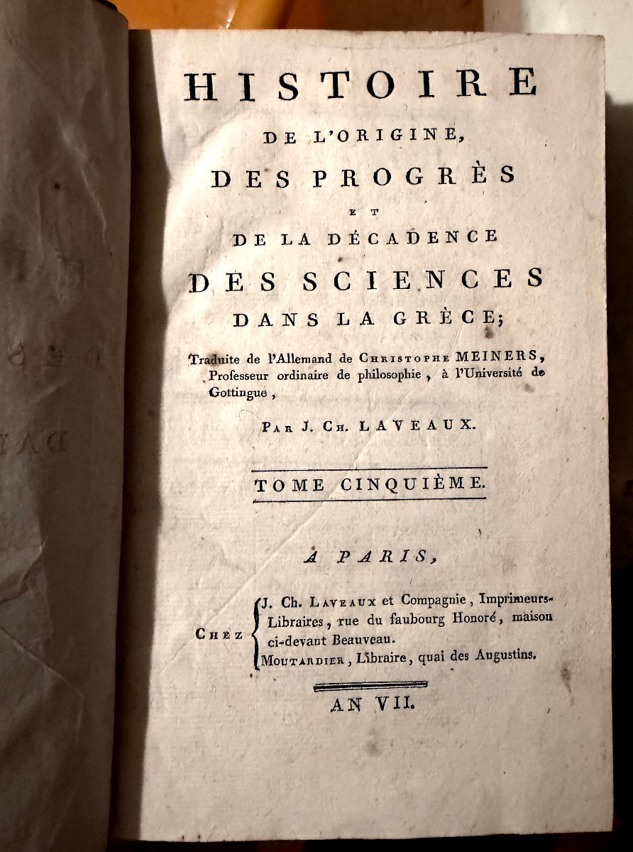 Fine Copy In 5 Volumes In. 8 . Histoire Des Sciences De La Grèce An VII-photo-3