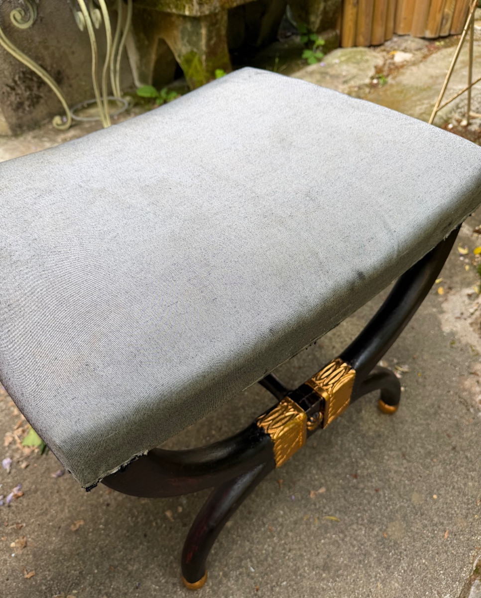  Elegant Charles X-style X-shaped Stool In Black Lacquered Mahogany With Gilded Palmettes, Late 19th Century-photo-4