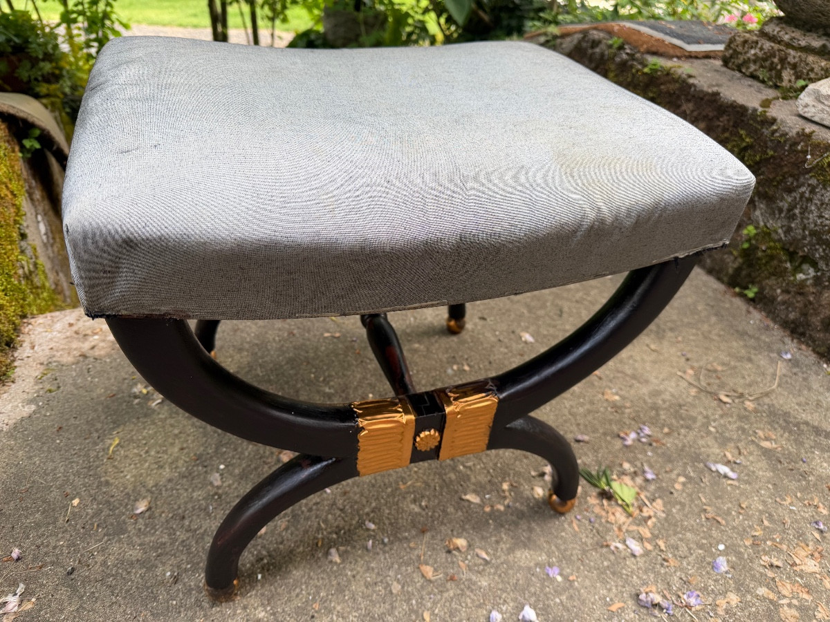  Elegant Charles X-style X-shaped Stool In Black Lacquered Mahogany With Gilded Palmettes, Late 19th Century-photo-3