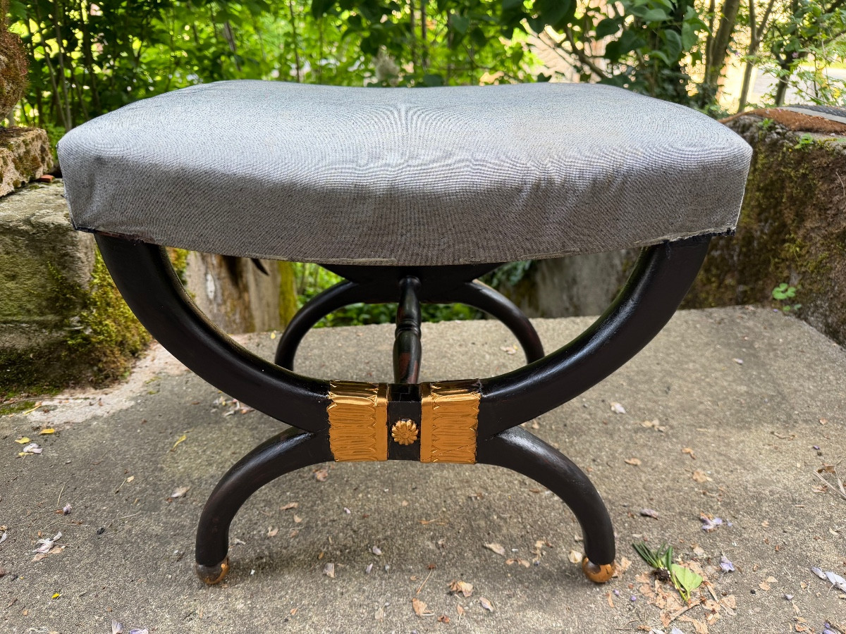  Elegant Charles X-style X-shaped Stool In Black Lacquered Mahogany With Gilded Palmettes, Late 19th Century-photo-5
