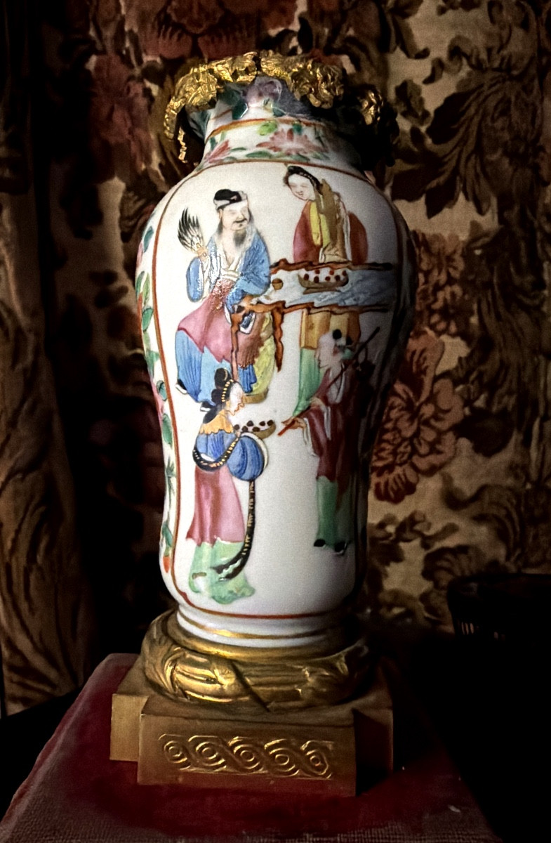 Charmant vase Chinois Canton décoré  Famille Verte décoré et monture Bronze doré Napoléon III-photo-2
