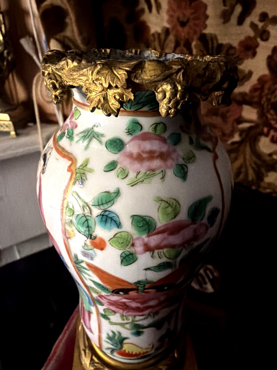 Charmant vase Chinois Canton décoré  Famille Verte décoré et monture Bronze doré Napoléon III-photo-4