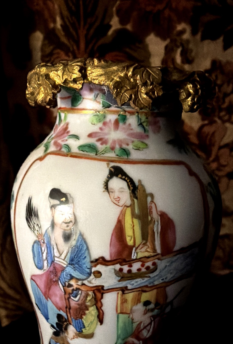 Charmant vase Chinois Canton décoré  Famille Verte décoré et monture Bronze doré Napoléon III-photo-2
