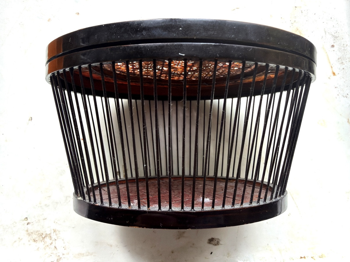 Asian Cricket Cage Lacquered Wood Covered With Fine Canework, Bars And Woven Bottom 19th Century-photo-2