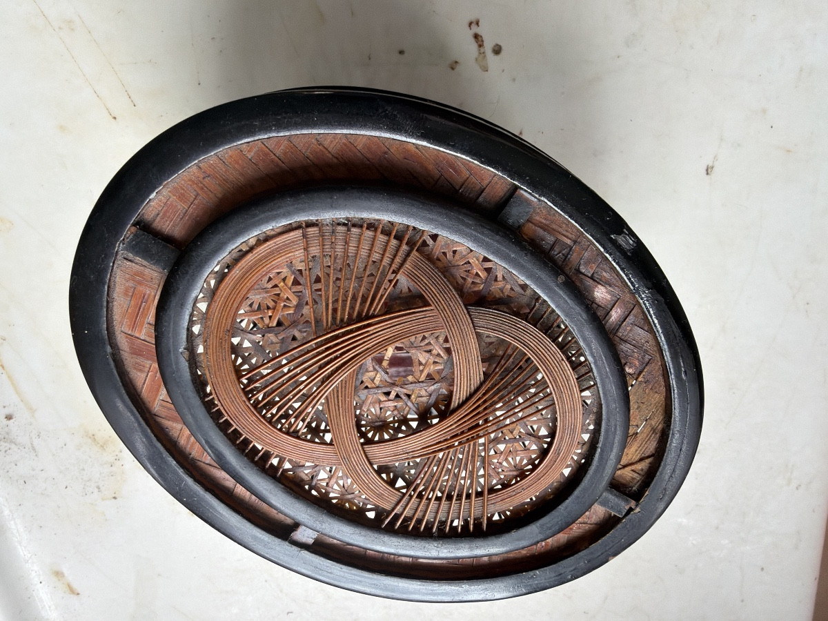 Asian Cricket Cage Lacquered Wood Covered With Fine Canework, Bars And Woven Bottom 19th Century-photo-2
