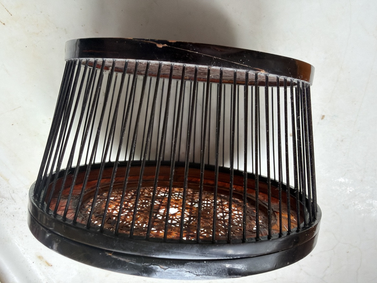 Asian Cricket Cage Lacquered Wood Covered With Fine Canework, Bars And Woven Bottom 19th Century-photo-3