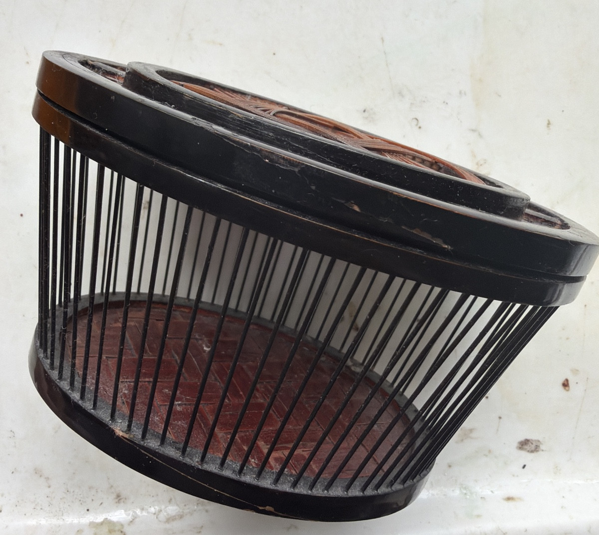 Asian Cricket Cage Lacquered Wood Covered With Fine Canework, Bars And Woven Bottom 19th Century-photo-7