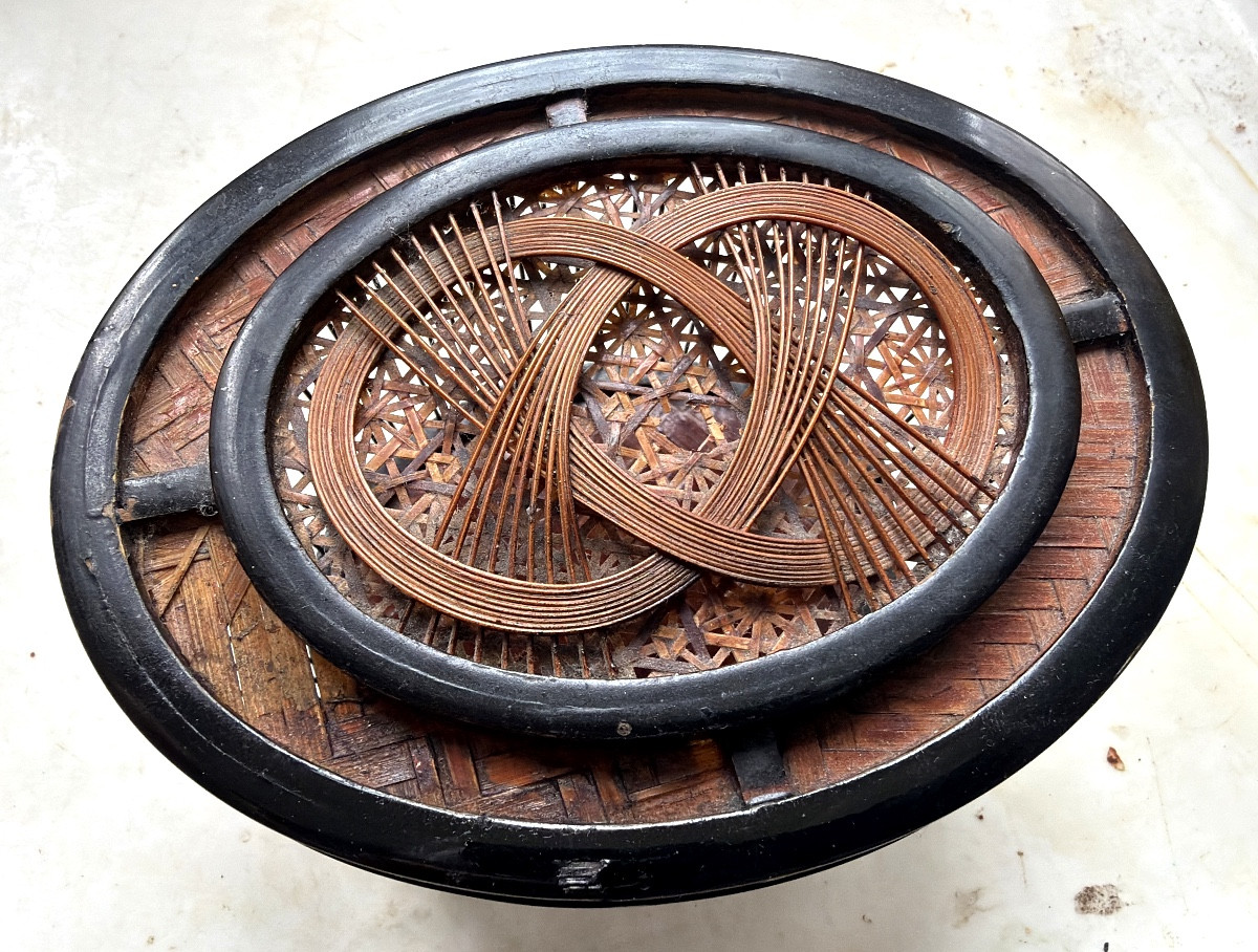 Asian Cricket Cage Lacquered Wood Covered With Fine Canework, Bars And Woven Bottom 19th Century