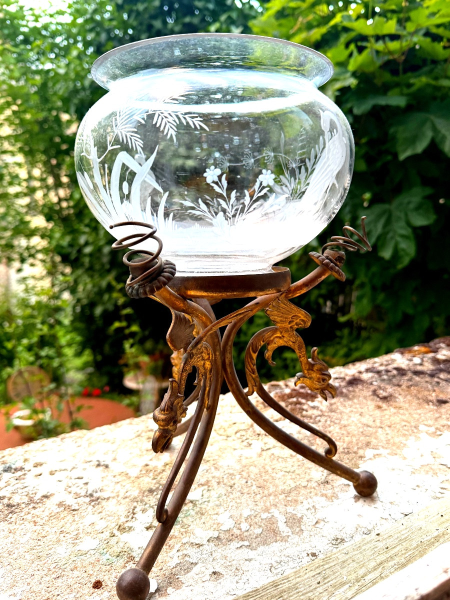  Rare Aquarium bocal  gravé sur piètement tripode en bronze doré , d'époque Napoléon III-photo-3