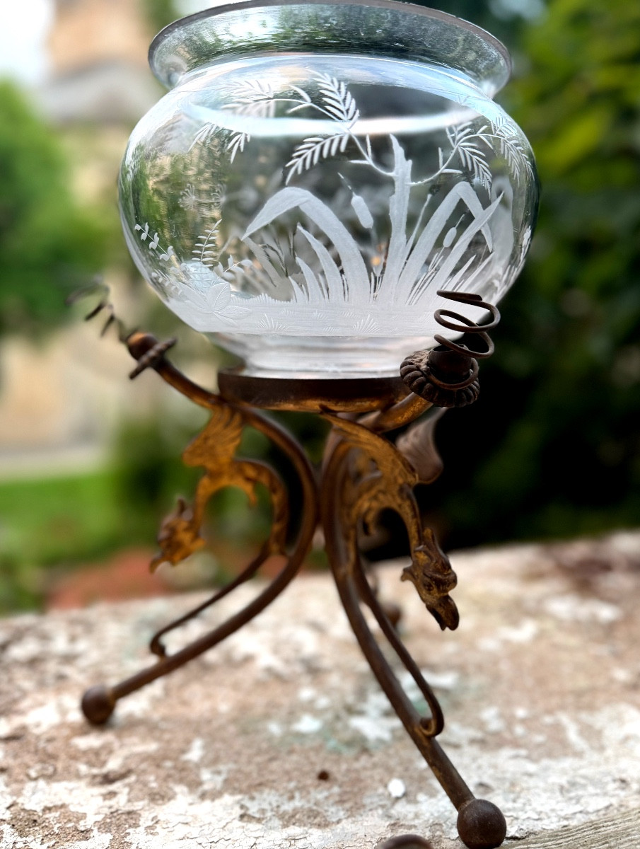  Rare Aquarium bocal  gravé sur piètement tripode en bronze doré , d'époque Napoléon III-photo-4