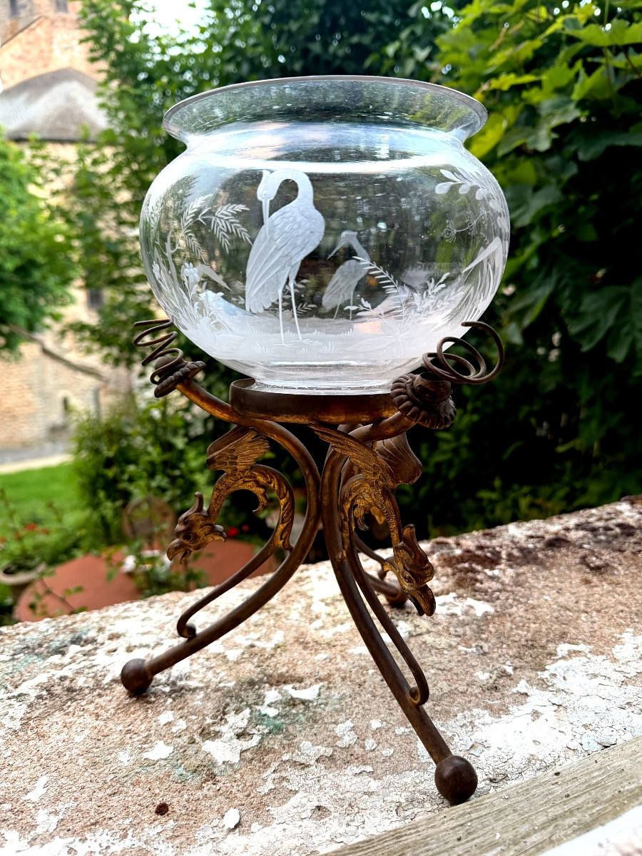  Rare Aquarium bocal  gravé sur piètement tripode en bronze doré , d'époque Napoléon III