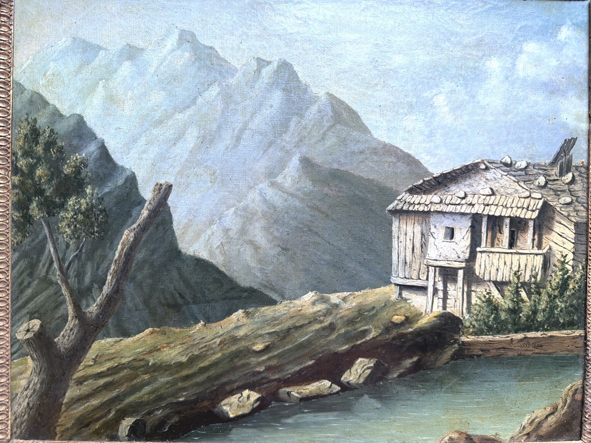 La retenue d'eau et le moulin dans la montagne , paysage Romantique H/t. encadrée début XIXème -photo-4