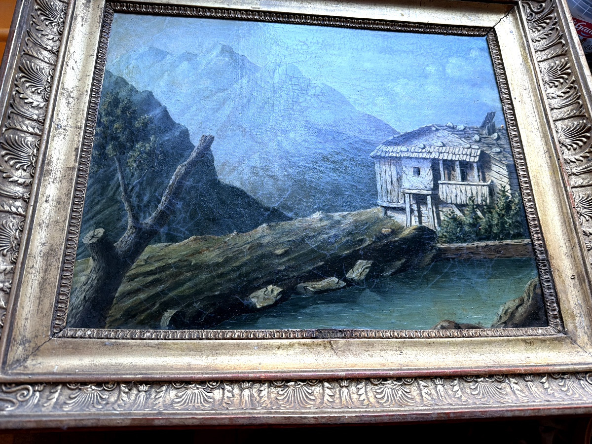 La retenue d'eau et le moulin dans la montagne , paysage Romantique H/t. encadrée début XIXème -photo-1