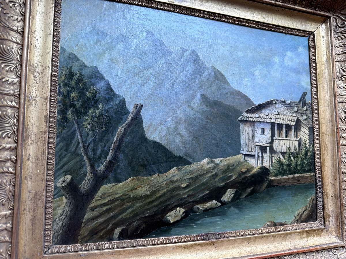 La retenue d'eau et le moulin dans la montagne , paysage Romantique H/t. encadrée début XIXème -photo-2