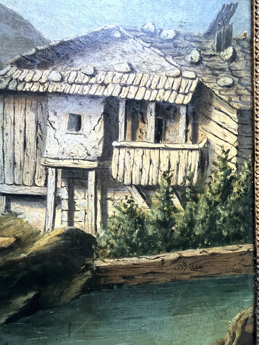 La retenue d'eau et le moulin dans la montagne , paysage Romantique H/t. encadrée début XIXème -photo-3