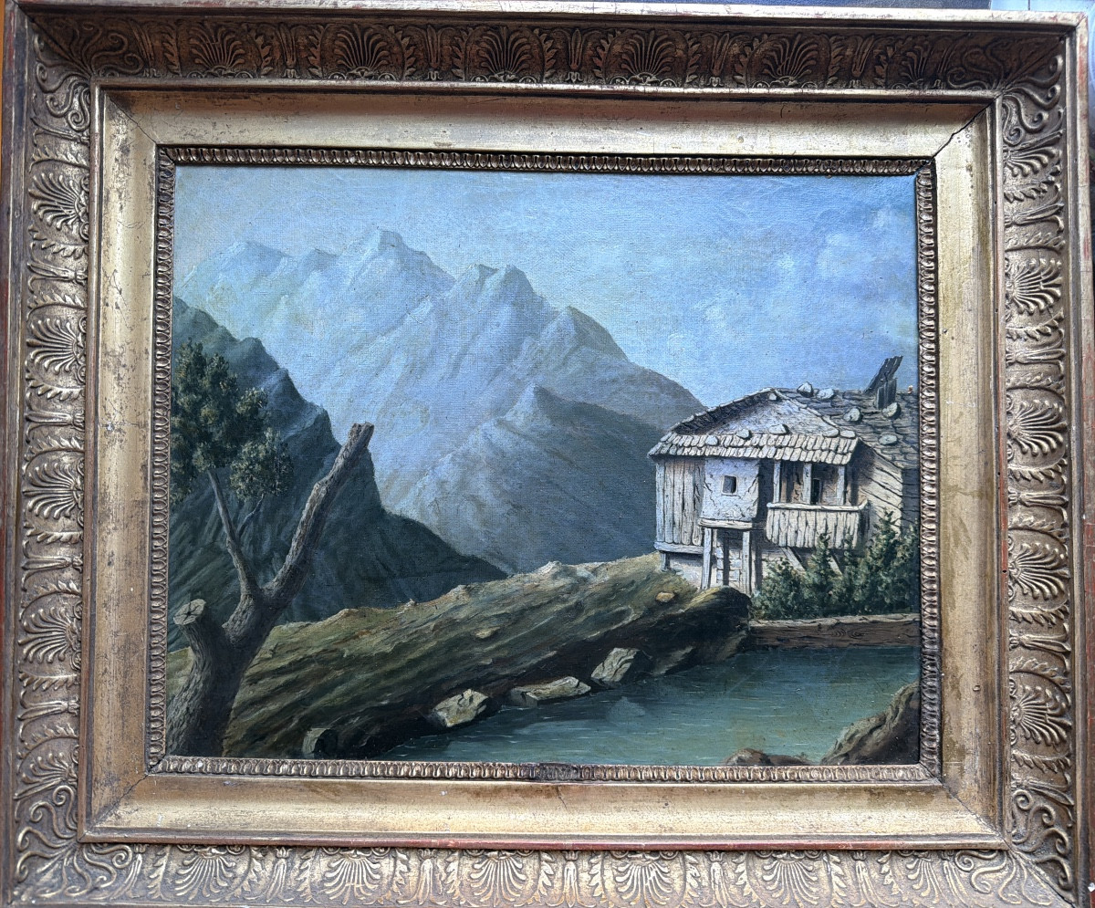 La retenue d'eau et le moulin dans la montagne , paysage Romantique H/t. encadrée début XIXème -photo-4