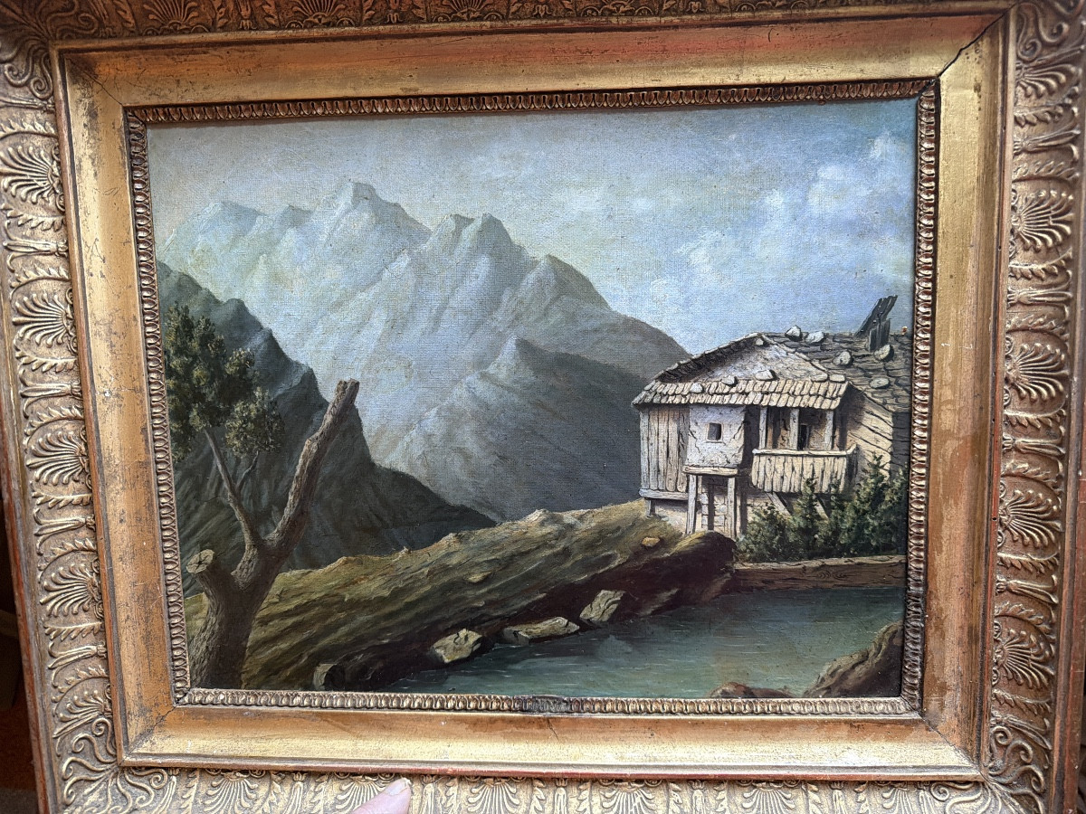 La retenue d'eau et le moulin dans la montagne , paysage Romantique H/t. encadrée début XIXème -photo-7