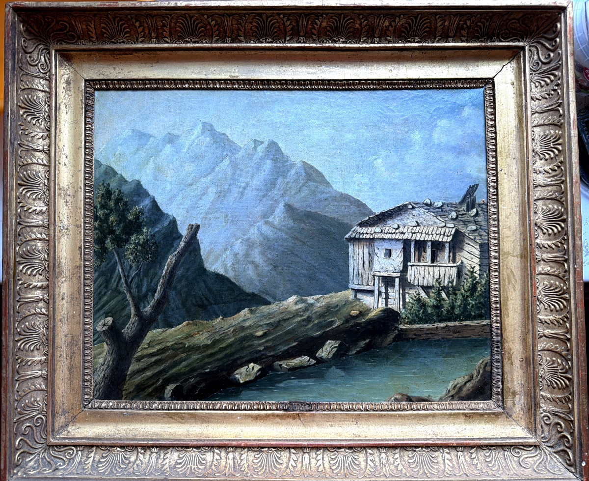 La retenue d'eau et le moulin dans la montagne , paysage Romantique H/t. encadrée début XIXème 