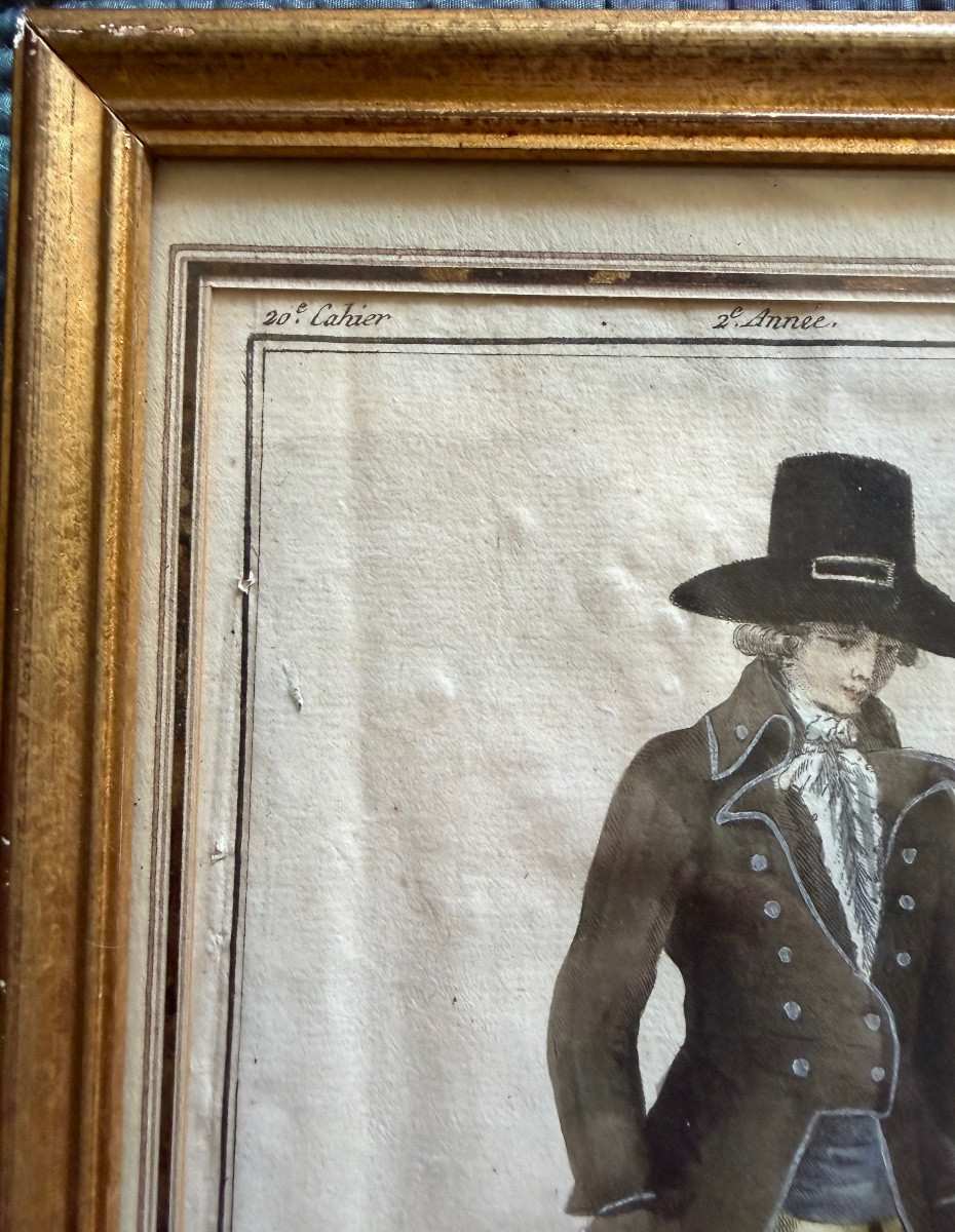 Very Fine Watercolor Engraving Of An Elegant Man In Dress And Hat, Cane In Hand, Late 18th Century.-photo-2