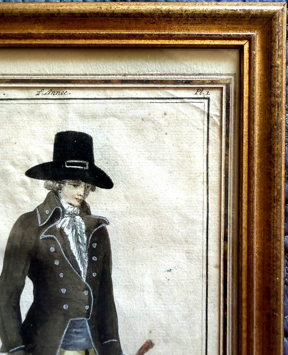 Very Fine Watercolor Engraving Of An Elegant Man In Dress And Hat, Cane In Hand, Late 18th Century.-photo-3