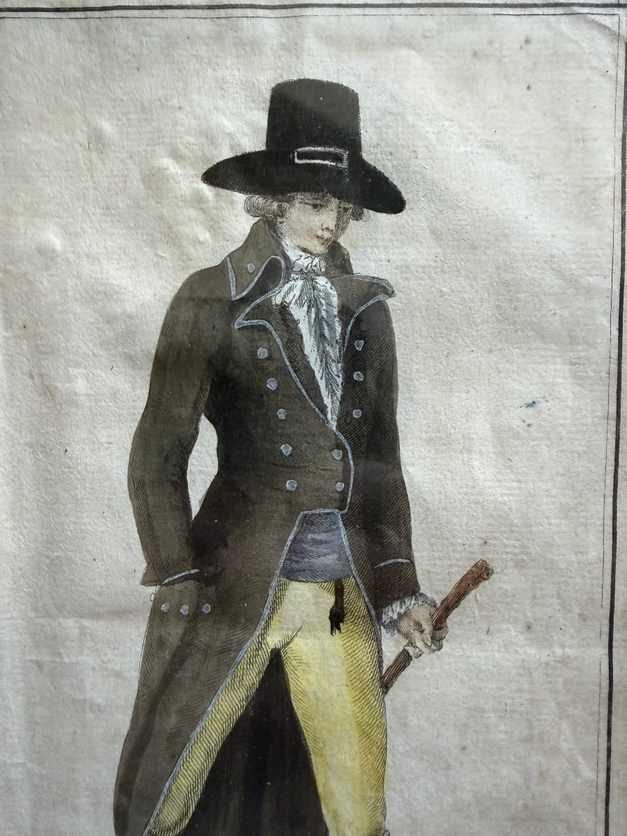 Very Fine Watercolor Engraving Of An Elegant Man In Dress And Hat, Cane In Hand, Late 18th Century.-photo-4