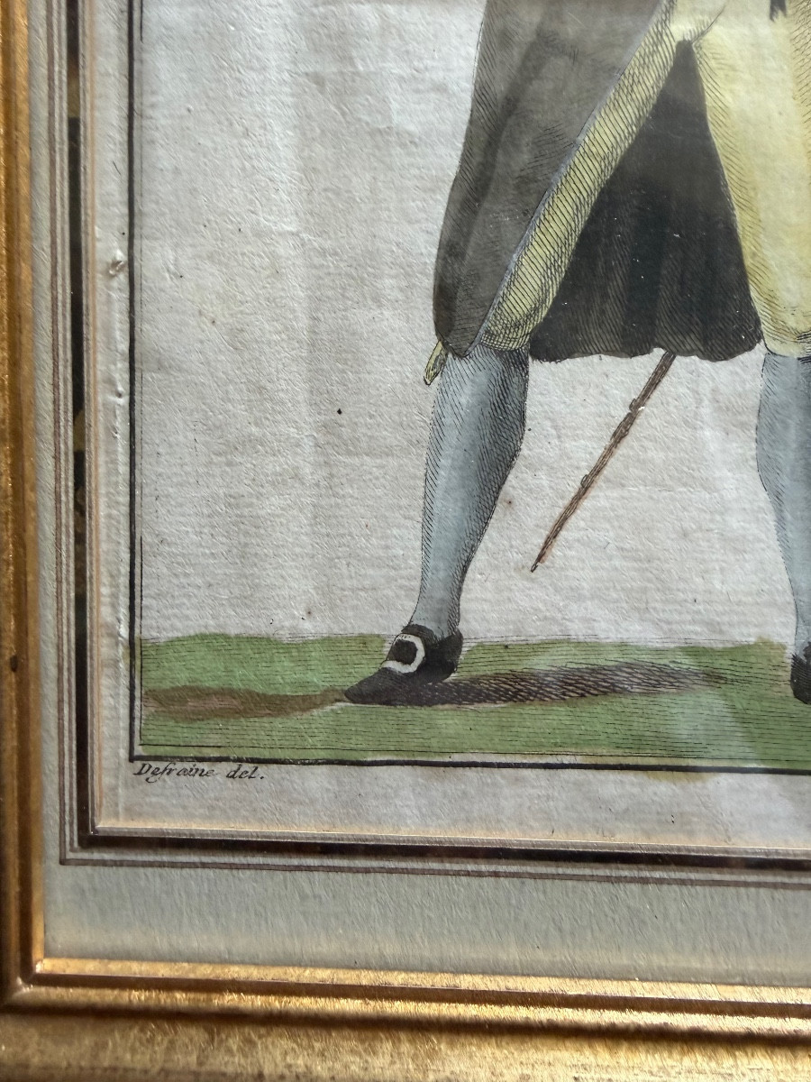 Very Fine Watercolor Engraving Of An Elegant Man In Dress And Hat, Cane In Hand, Late 18th Century.-photo-1