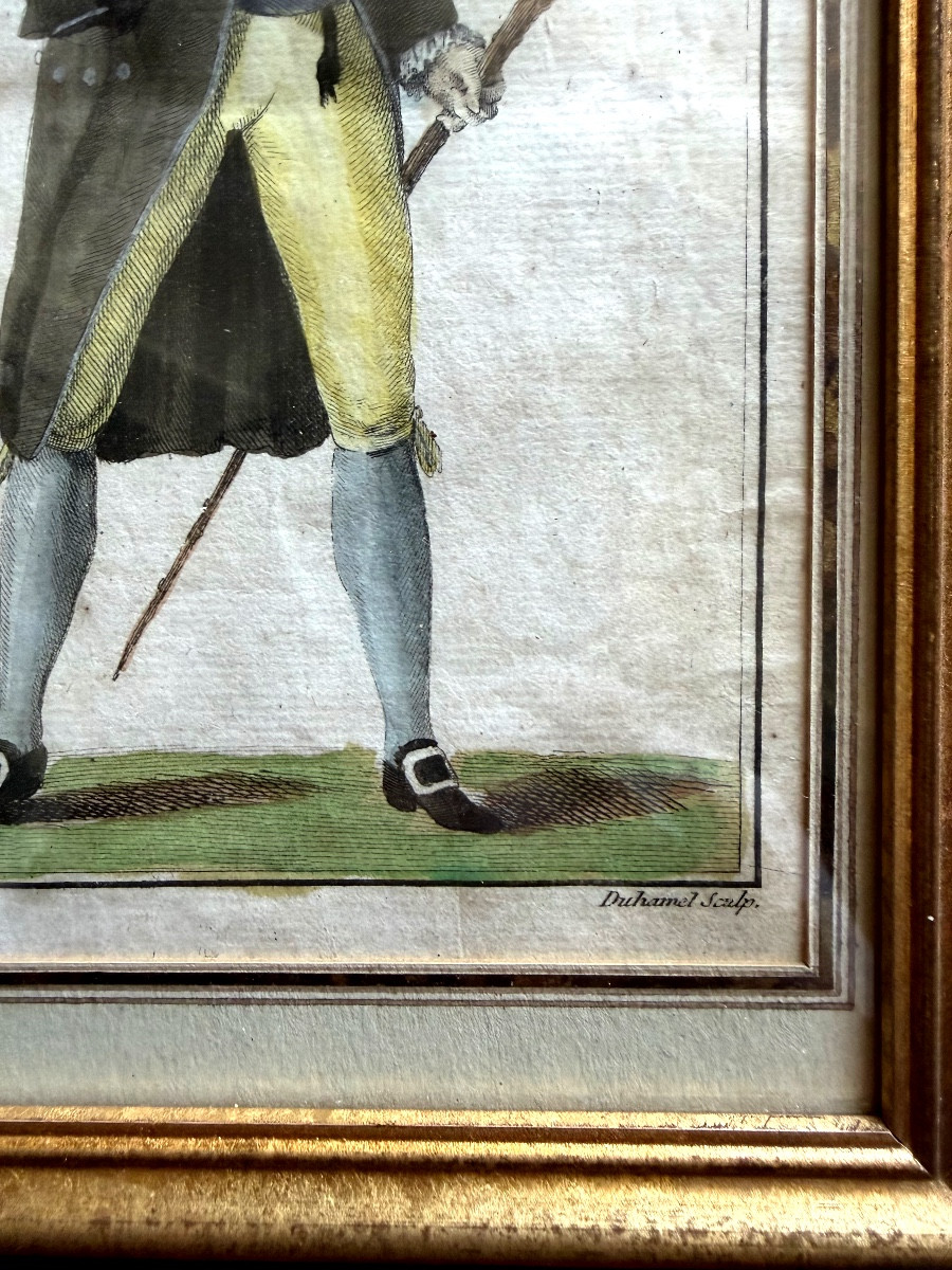 Very Fine Watercolor Engraving Of An Elegant Man In Dress And Hat, Cane In Hand, Late 18th Century.-photo-2