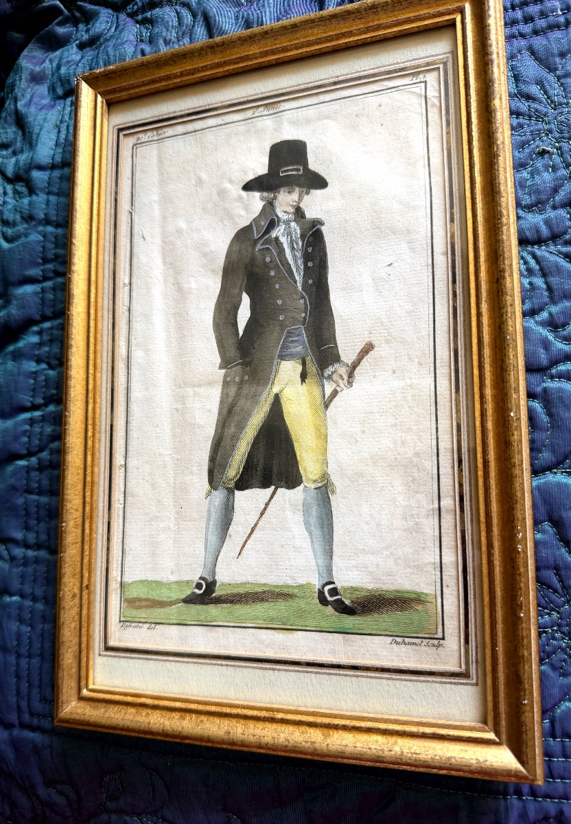 Very Fine Watercolor Engraving Of An Elegant Man In Dress And Hat, Cane In Hand, Late 18th Century.-photo-4