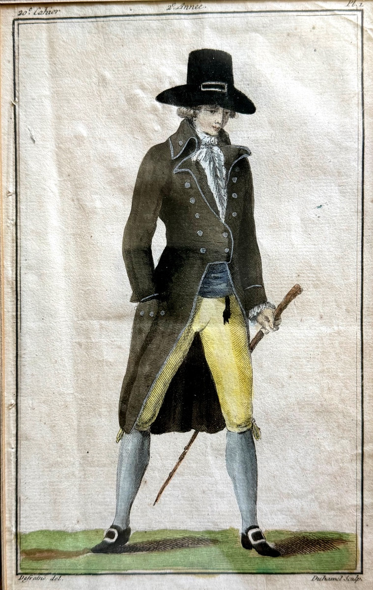 Very Fine Watercolor Engraving Of An Elegant Man In Dress And Hat, Cane In Hand, Late 18th Century.-photo-5