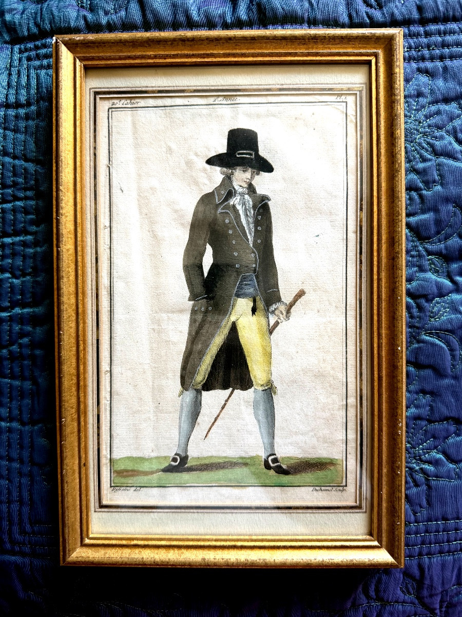 Very Fine Watercolor Engraving Of An Elegant Man In Dress And Hat, Cane In Hand, Late 18th Century.-photo-6