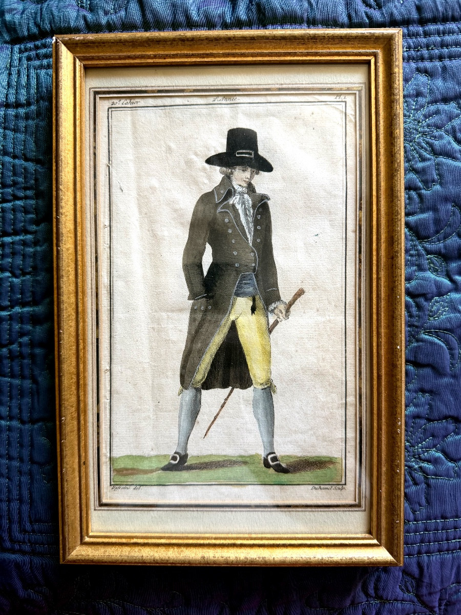 Very Fine Watercolor Engraving Of An Elegant Man In Dress And Hat, Cane In Hand, Late 18th Century.