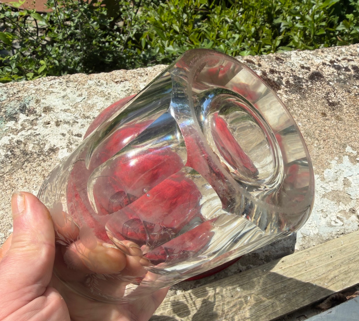 Important épais grand verre gravé  au cartouche fleuri : "Douzal" du XIXème , base facettée -photo-4