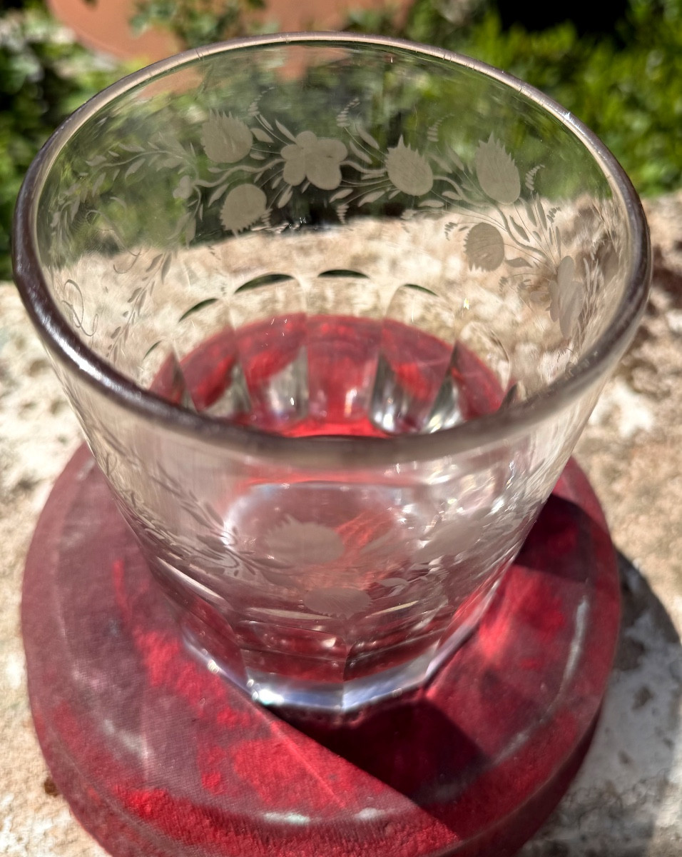Important épais grand verre gravé  au cartouche fleuri : "Douzal" du XIXème , base facettée -photo-2