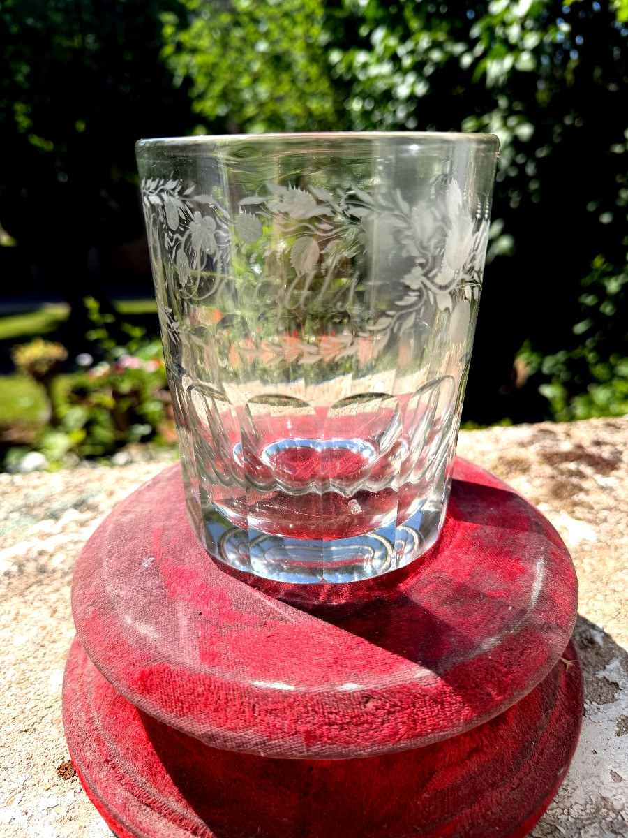 Important épais grand verre gravé  au cartouche fleuri : "Douzal" du XIXème , base facettée -photo-6