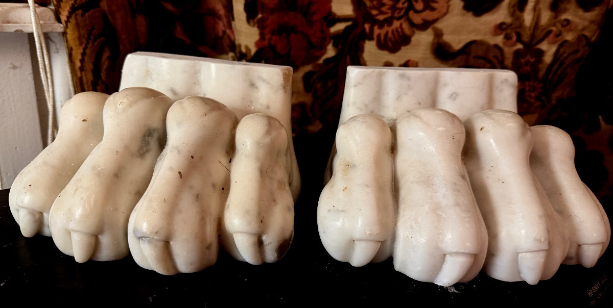 Paire d'ornementales et puissantes pattes de lion en marbre de Carrare blanc sculptées & polies