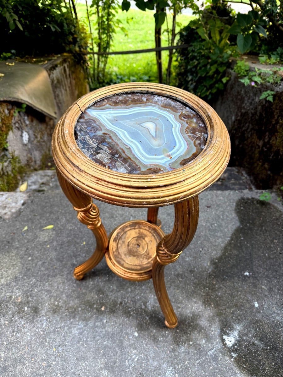 Precious Living-room Pot-holder Pedestal Table, D-finish Wood Tripod Legs, Agate Top And Braces-photo-4