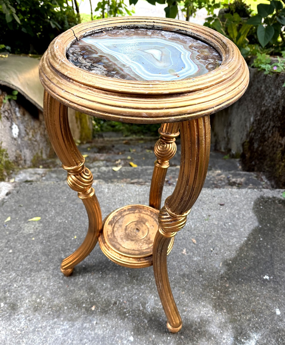 Precious Living-room Pot-holder Pedestal Table, D-finish Wood Tripod Legs, Agate Top And Braces-photo-5