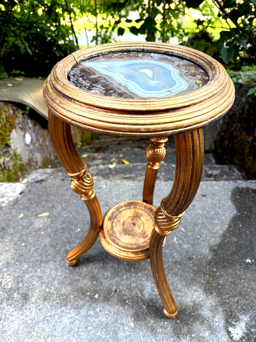 Precious Living-room Pot-holder Pedestal Table, D-finish Wood Tripod Legs, Agate Top And Braces-photo-6