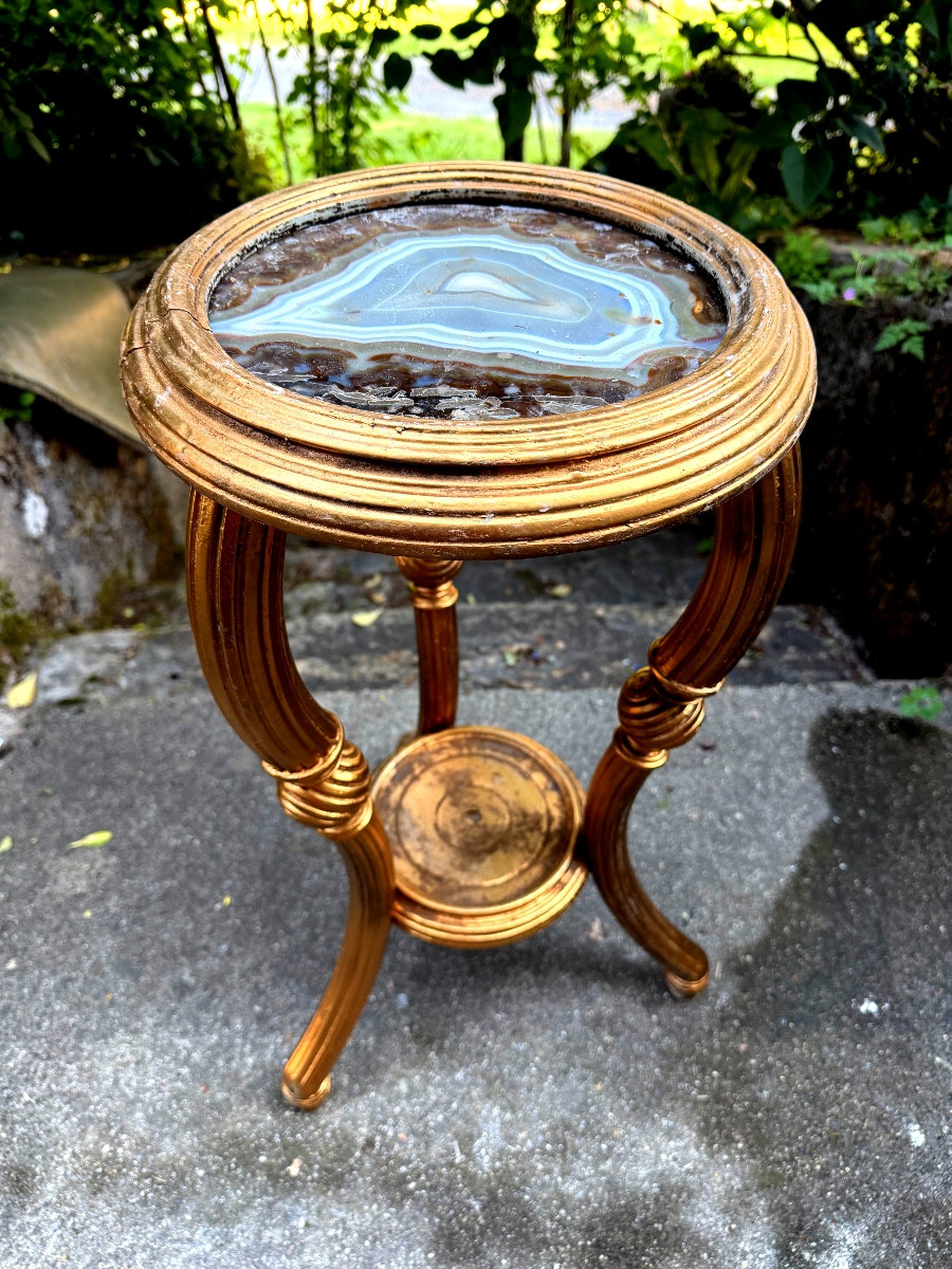 Precious Living-room Pot-holder Pedestal Table, D-finish Wood Tripod Legs, Agate Top And Braces